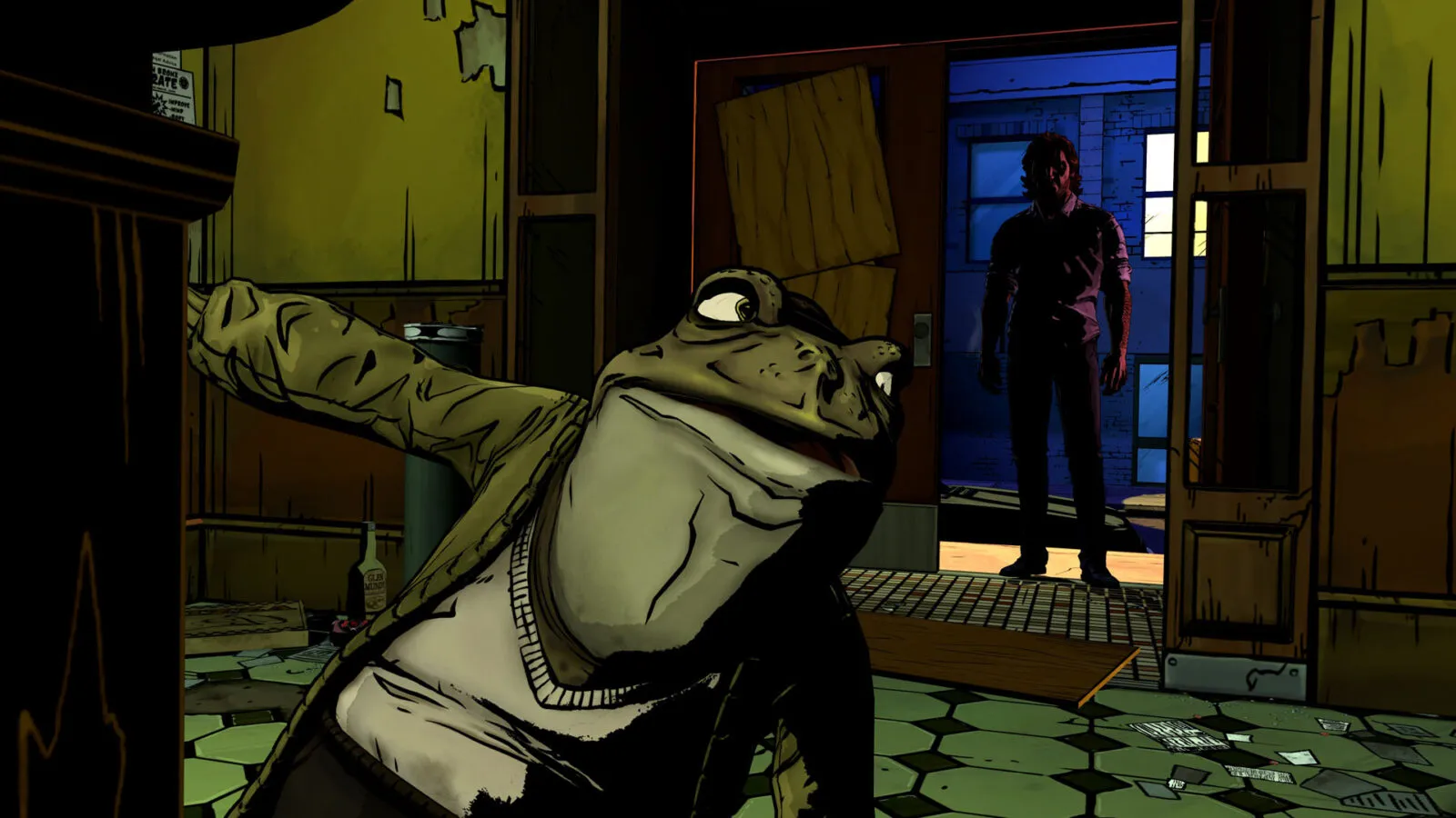 Кадр из The Wolf Among Us Remastered: Бигби Вульф в дверях бара