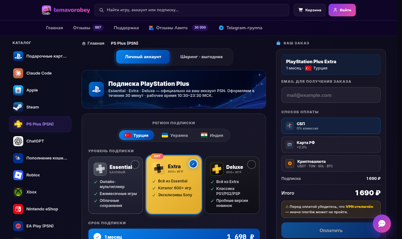 Страница PS Plus на temavorobey.com