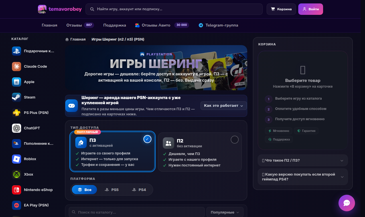 Страница PSN Sharing на temavorobey.com